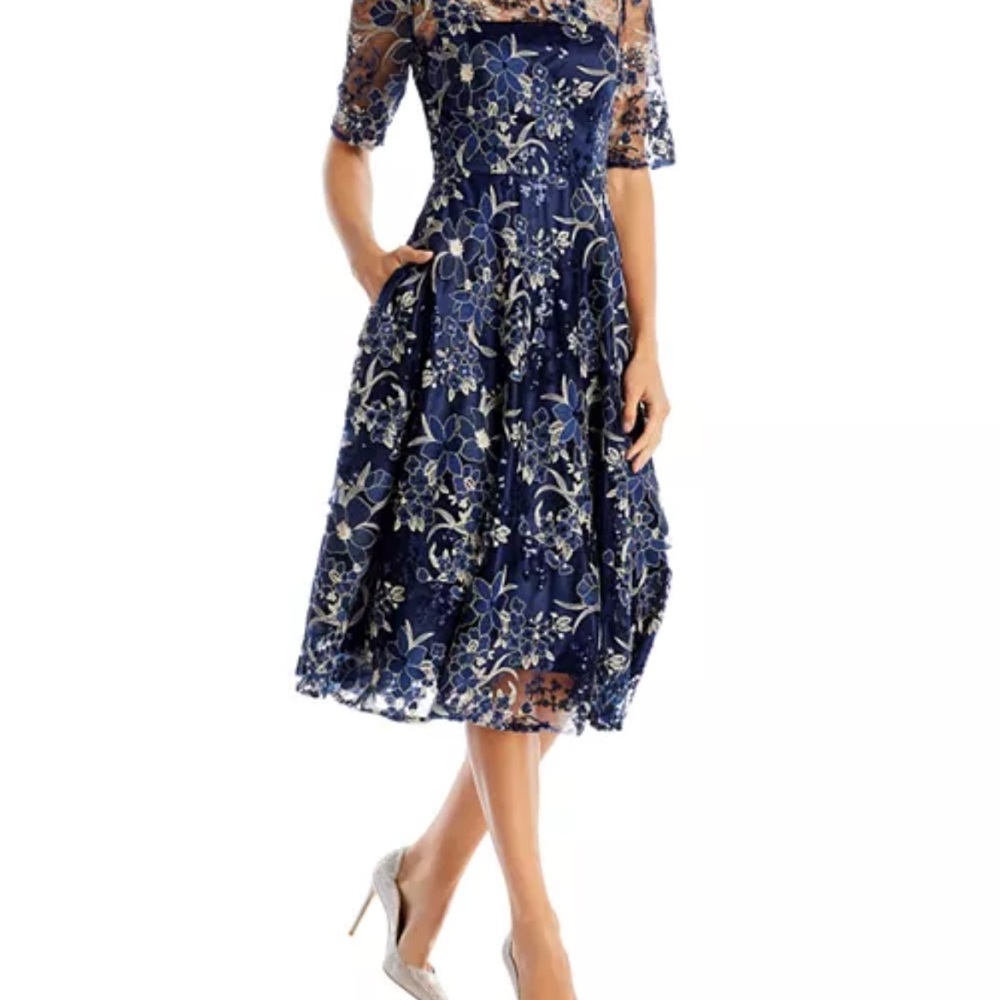 Eliza J Sequin Floral Embroidery Fit & Flare Cocktail Midi Dress